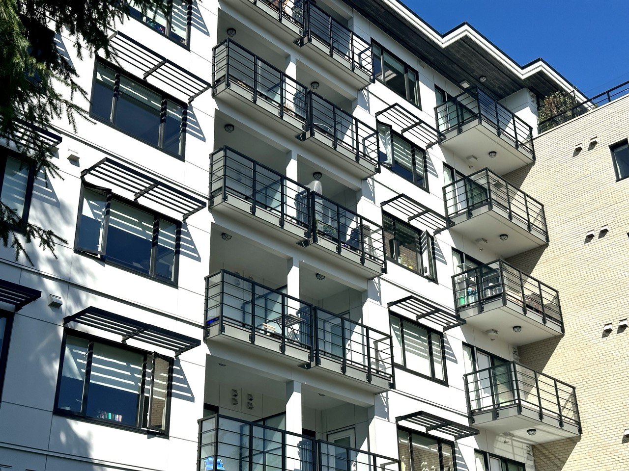 Multi-family building with steel balcony railings, BC — balcony membrane repair context